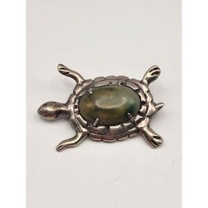 Vintage Mexican Sterling Silver Turtle Brooch Pin Green Stone Cabochon Mexico